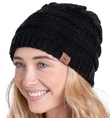 Tough Headwear Womens Beanie Winter Hat Warm & Chunky Cable Knit Hats Soft Stretch, Thick & Cute Knitted Stocking Caps for Cold Weather Stylish & Trendy Snow & Ski Beanies for Ladies Black