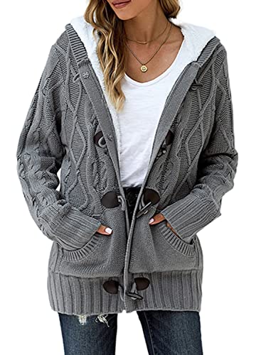 Dokotoo Womens Winter Oversized Ladies Chunky Hooded Casual Cardigans Coats Button Open Front Ribbed Long Sleeve Cable Knit Sweater Fleece Coat Outerwear with Pockets Grey X Large