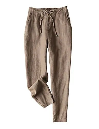IXIMO Women's Tapered Pants % Linen Drawstring Back Elastic Waist Pants Trousers with Pockets Dark Khaki M