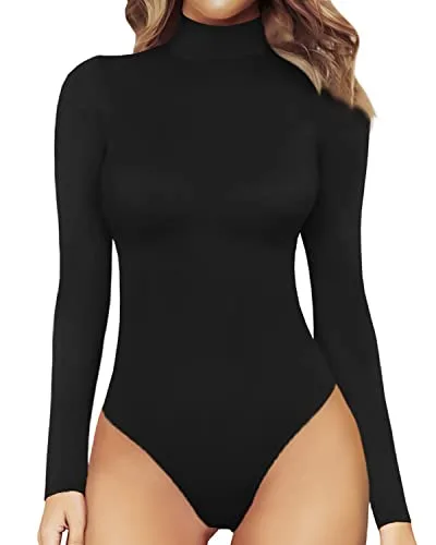 MANGOPOP Women's Mock Turtle Neck Long Sleeve Tops Bodysuit Jumpsuit (A Long Sleeve Black, Large)