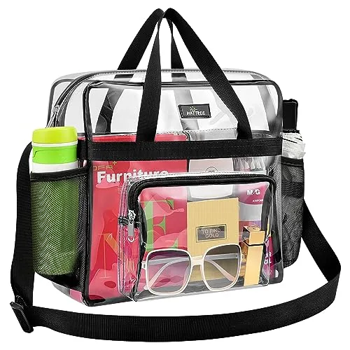 MAY TREE Clear Bag Stadium Approved ÃÃfor Women and Men, Lunch Bag for Work Travel Sport Office, Tote Bag with Non Removable Straps Black