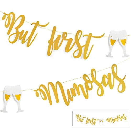 Mimosa Bar Sign But First Mimosas Gold Banner, Decorations for Bridal Shower Baby Shower Bubbly Bar Champagne Brunch Bachelorette Party Engagement Wedding Graduation Fiesta Birthday Party