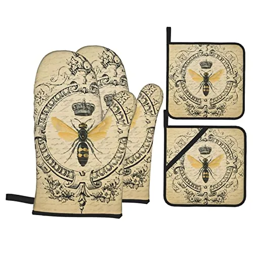Modern Vintage French Queen Bee Oven Mitts and Pot Holders Sets Set of ï¼Resistant Hot Pads Non Slip Cotton Lining Gloves for Kitchen Baking Cooking Grilling