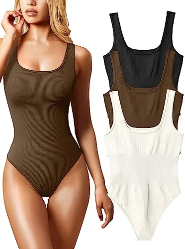 OQQ Women's Piece Sexy Ribbed Sleeveless Square Neck Tank Top BodySuit, Black Coffee Beige, Medium