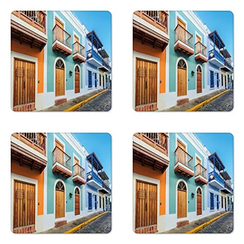 Ambesonne Puerto Rico Coaster Set of , Street in Old San Juan with Colorful Houses by The Sea Caribbean Architecture, Square Hardboard Gloss Coasters, Standard Size, Turquoise Camel