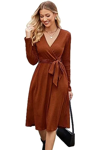 Newshows Women's Sweater Dress for Women New Year V Neck Casual Vacation Outfits Tie Waist Ribbed Knit Holiday Party Dresses with Pockets(Caramel, L)