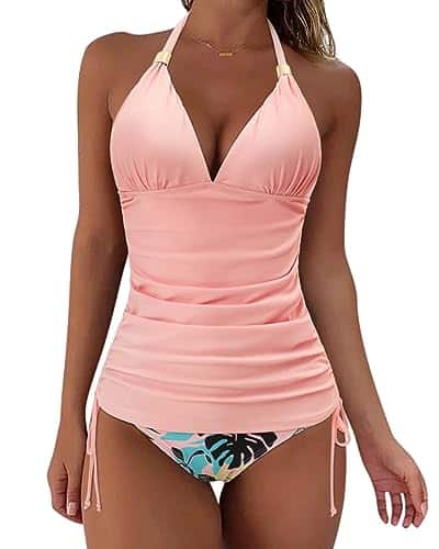 SUUKSESS Women Halter Tankini Bathing Suits Sexy Slimming Tummy Control Swimsuits Pieces (Pink Floral, M)