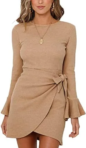 XIEERDUO Elegant Dresses for Women edding Guest Trendy Womens Fall Dress Tan S
