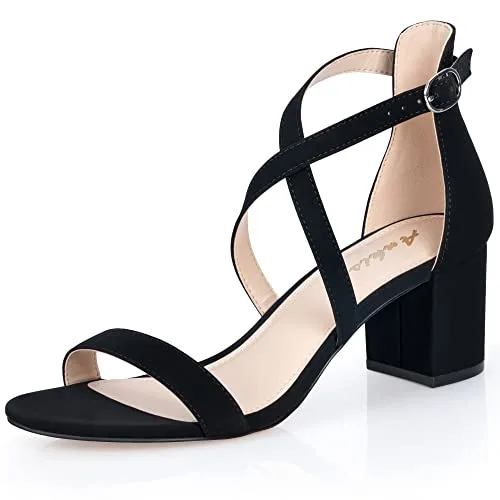 Ankis Black Nubuck Inches Strappy Block Heels Comfy Grace Sandals Open Toe Chunky Dress Wedding Party Prom Heels with Adjustable Cross Strap