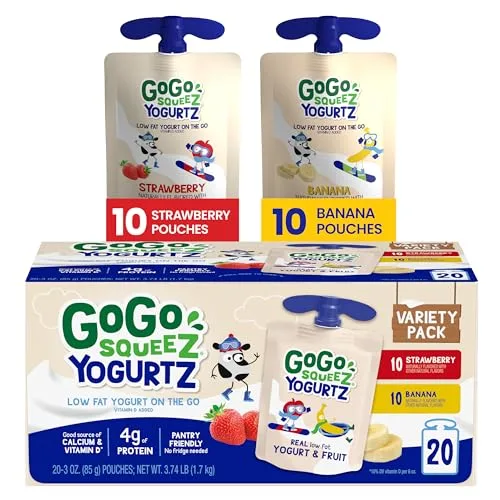 GoGo squeeZ Yogurt Variety Pack, Strawberry & Banana, oz Pouches Kids Snacks, Gluten Free, No Fridge Needed