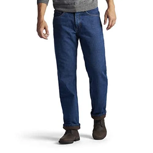 Lee Men's Flannel Relaxed Fit Straight Leg Jeans, Dark Wash Fleece Lined, x L