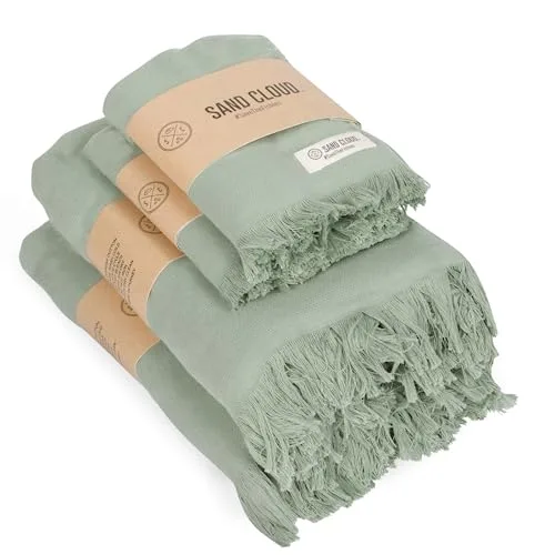 Sand Cloud Turkish Bath Towels Bundle for Bathroom, Set of (Terra Sage) Large Size % Certified Organic Cotton Yarn is Lightweight, Soft & Absorbent Premium Bath & Hand Towels Dry Faster