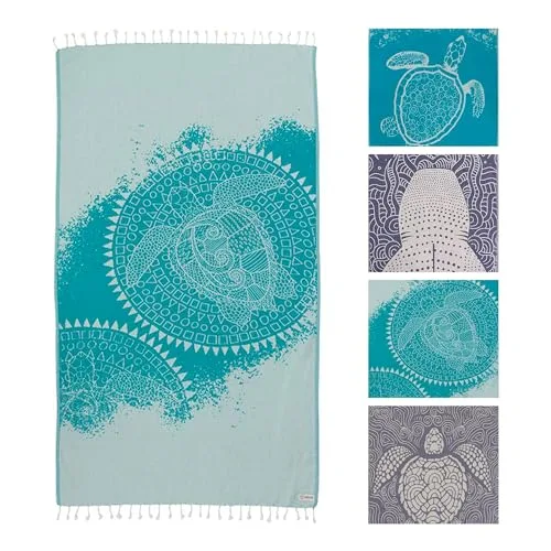 Sand Cloud Turkish Beach Towel Sand Proof % Certified Organic Turkish Towel Quick Dry Towel for Beach, Blanket or Bath Towel As Seen on Shark Tank Mandala Sea Turtle Green