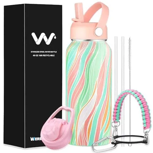 WEREWOLVES Personalized Insulated Water Bottle with Paracord Handle Straw Lid Spout Lid Vacuum Stainless Steel Wide Mouth Water Bottle for Adults Stripes Green Powder Oz
