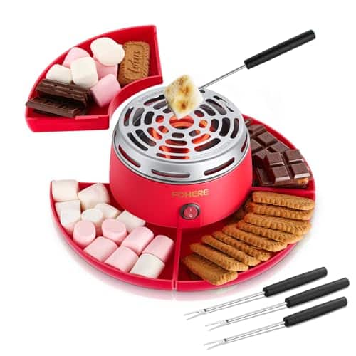 FOHERE Smores Maker Tabletop Indoor, Flameless Electric Marshmallow Roaster with Detachable Trays & Roasting Forks, Movie Night Supplies & Housewarming Gift, Red