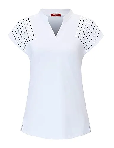 Felisou Golf Clothes for Women,Tennis Polo Shirts Athletic Moisture Wicking Running Short Sleeve Sport T Shirts V Neck Summer Casual Clothes White M