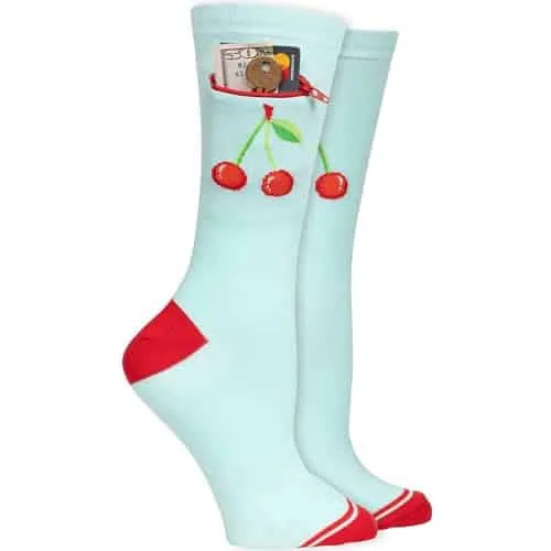 Pocket Socks Fashion Print Crew Socks for Women   Anti Theft Novelty Socks wHidden Zipper Stash Spot Pocket for Travel ID, Keys, Cash   Cherries