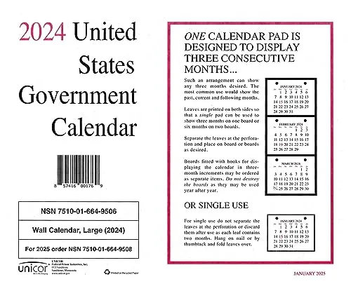 Unicor Government Wall Calendar, Qty=, Single Calendar