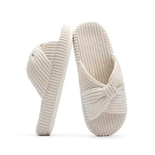 Chantomoo Slippers for Women Memory Foam House Bedroom Corduroy Bow Crossbands Slide Slipper Shoes Comfy Trendy Gift Slippers Beige