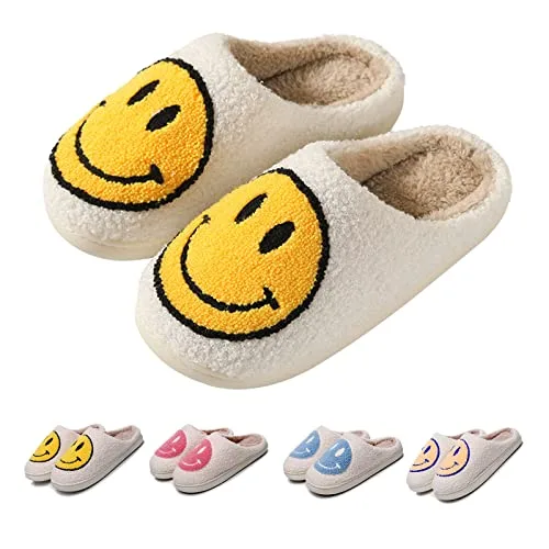 FACAXEDRE Soft House Slippers for Women,Smile Face Slippers,Womens Plush Comfy Girl Smile Slippers,Yellow Smile Face Slides,Slippers Unisex Indoor Outoor,Furry Slippers