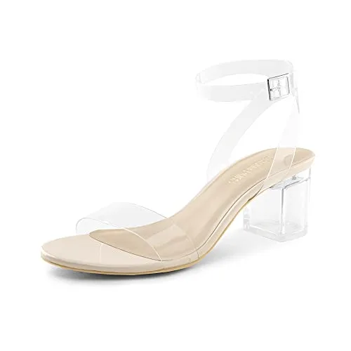 DREAM PAIRS Womens Carnival Clear Open Toe Ankle Strap Low Block Chunky Heels Sandals Party Dress Pumps Shoes, NudeClear
